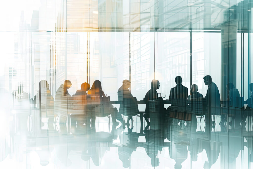 A group of business professionals gathered in a boardroom with glass walls, depicted in the style of double exposure photography against a white background.
